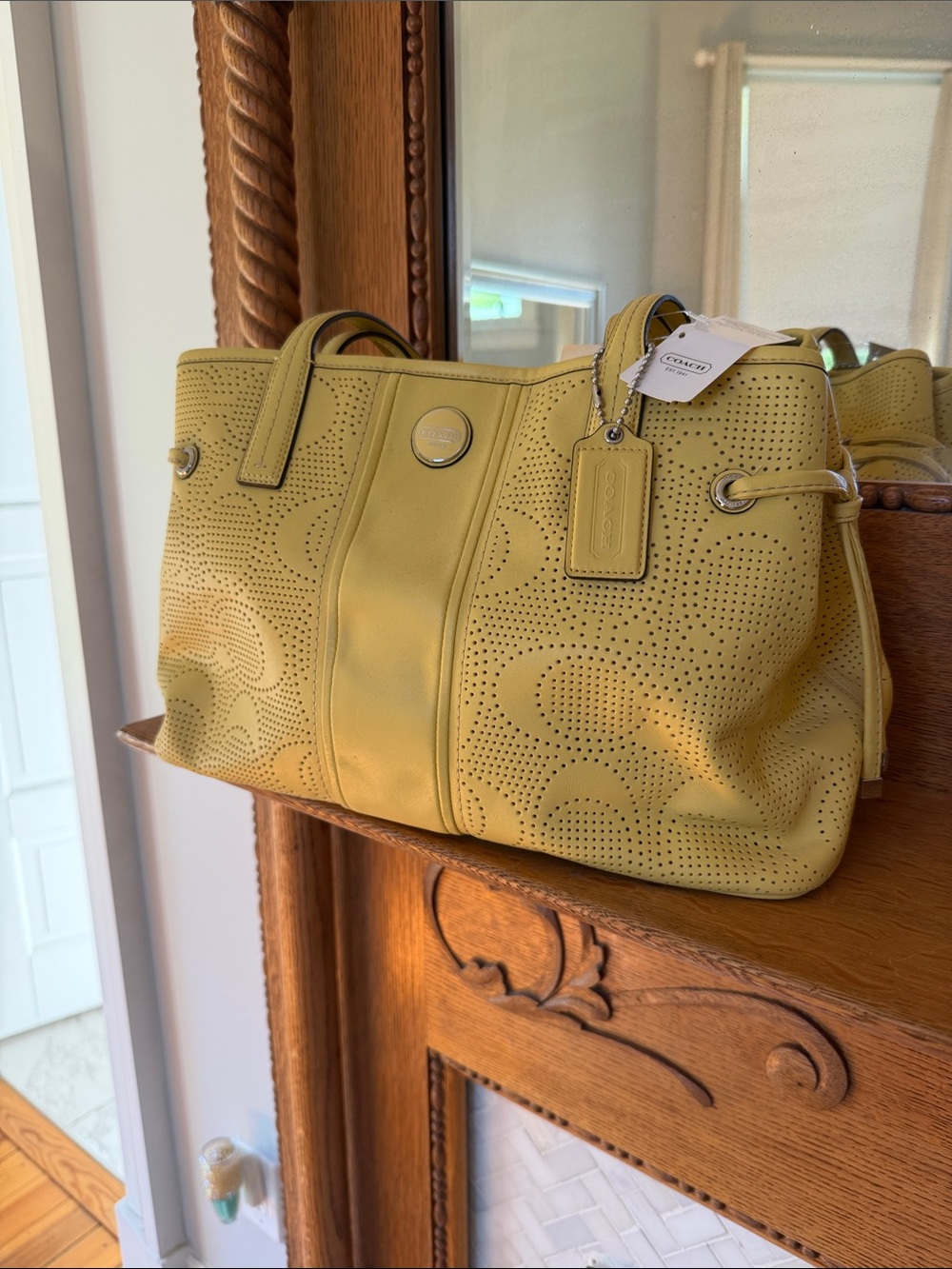 Coach Perforated Leather Shoulder Bag in Yellow